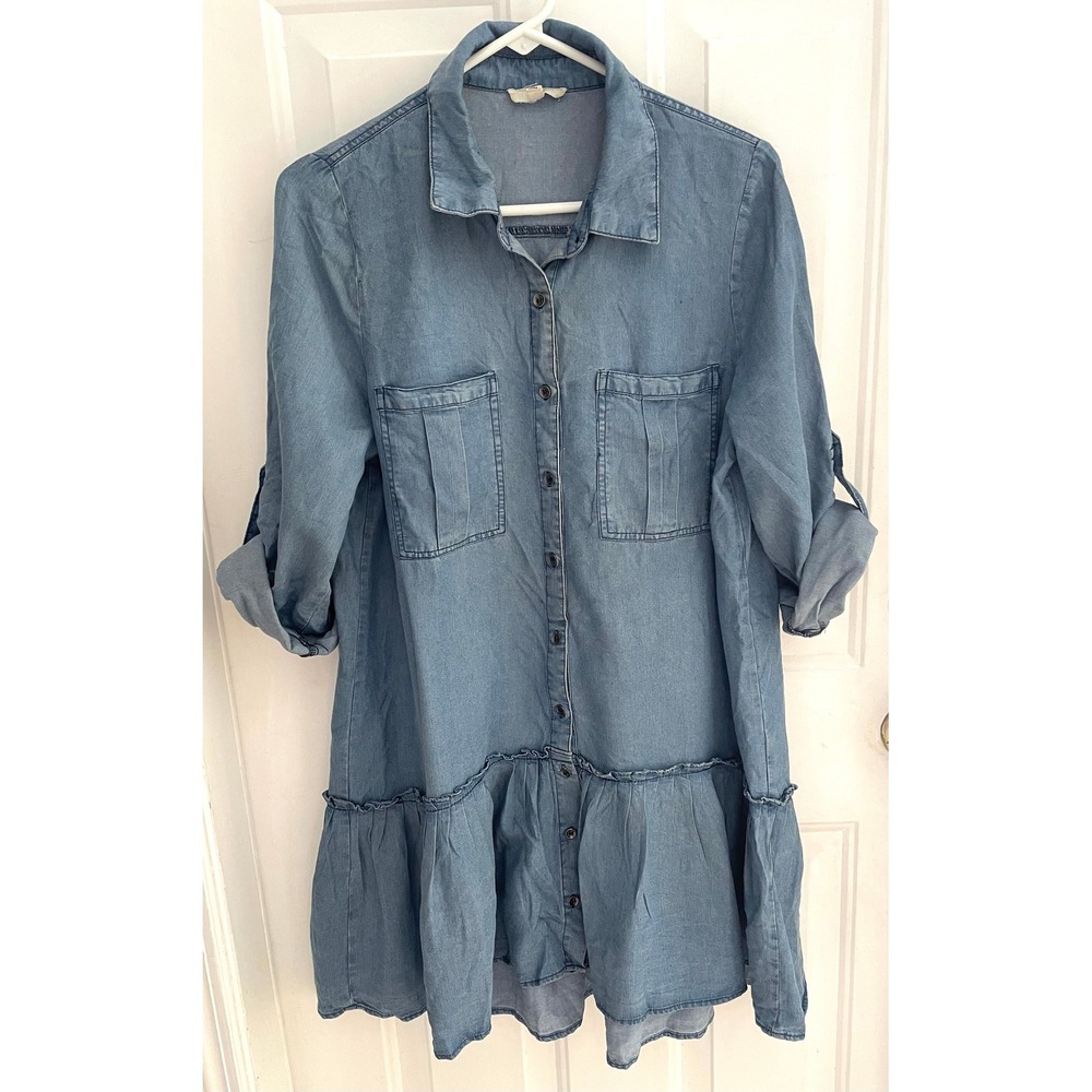 Easel Los Angeles Blue Chambray Ruffle Hem Button Down Shirt Dress Medium
